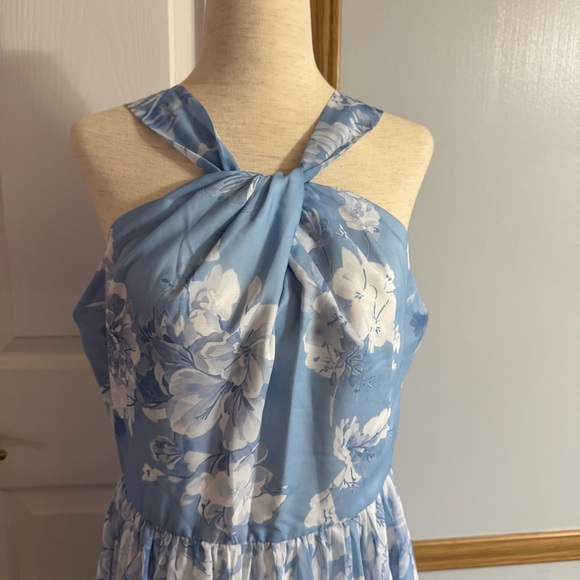 Fehaute Blue Floral Chiffon Halter Sleeveless Midi Dress Size 8 - Picture 2 of 12